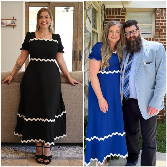 NWT BTFBM Black White Ric Rac Square Tie Smocked Tiered Puff Sleeve Maxi Dress L - Picture 9 of 15